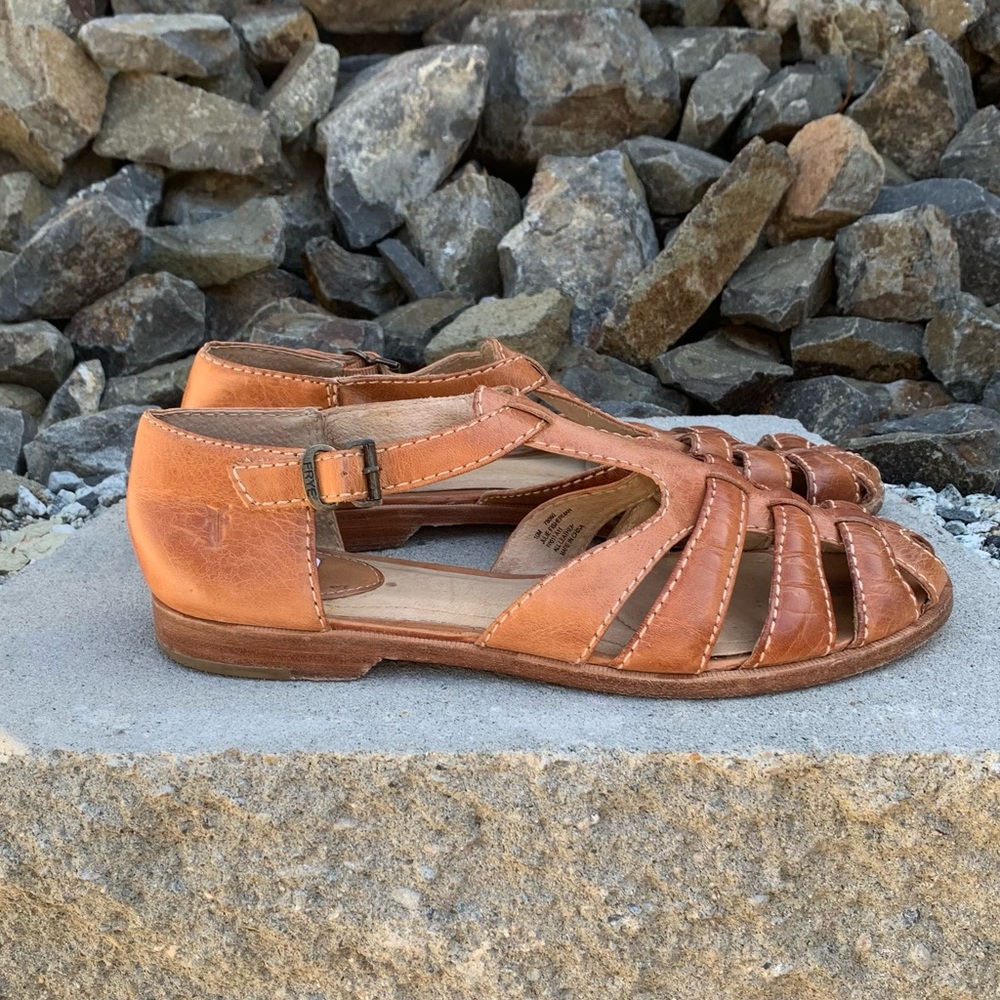 Frye Julie Fisherman Sandal Tan Leather Cage Sz 10